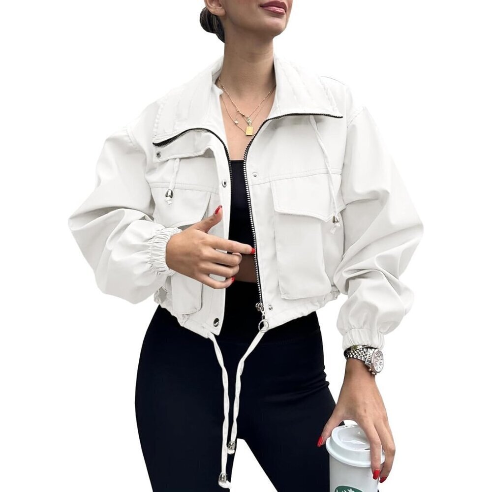 🆕Womens White Tankaneo Cropped Jacket Zip Up Oversized Utility Anorak Coat